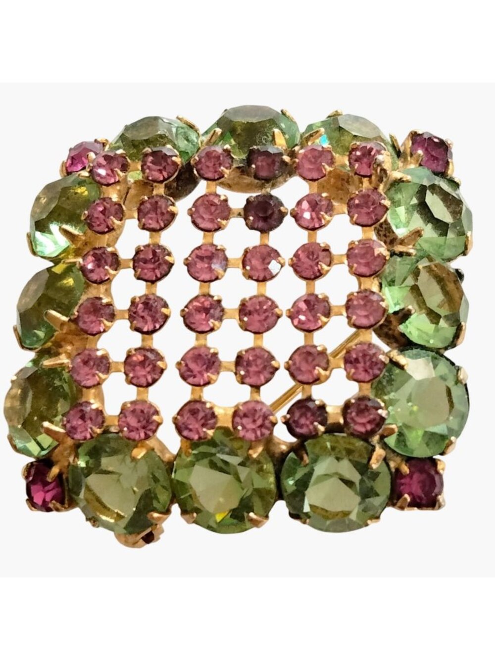 Gold Tone Square Brooch Green Pink Rhinestones Vintage 1960 Elegant Statement Fr